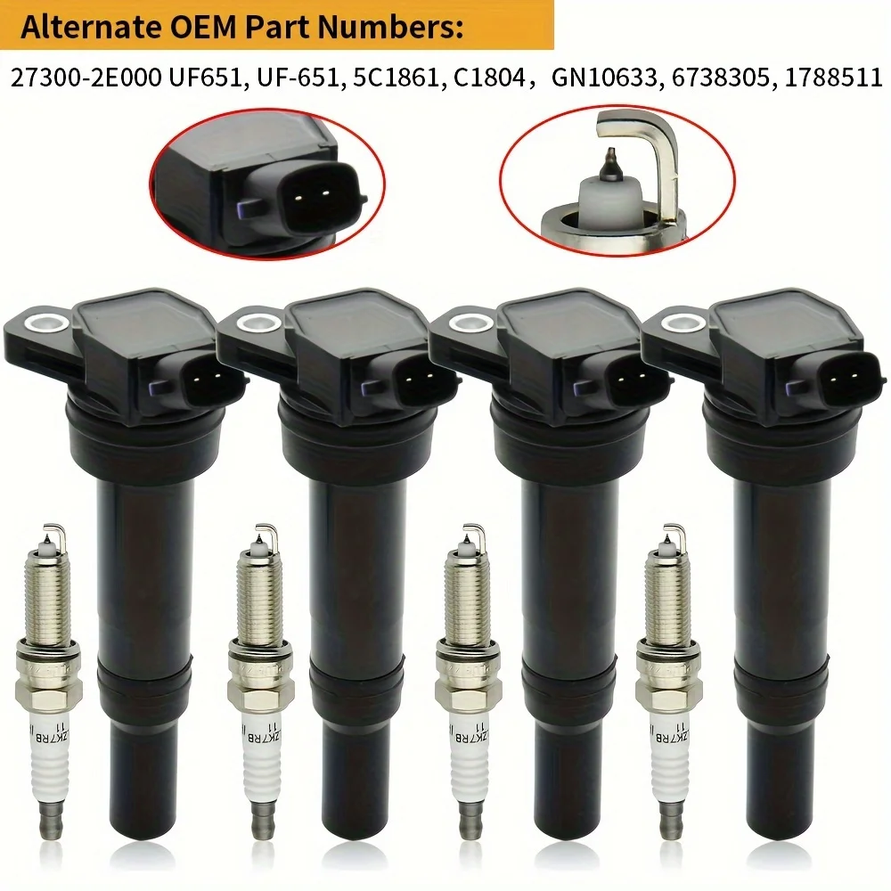 

4pcs Ignition Coils & 4pcs Platinum Spark Plugs For Kia For Forte For Hyundai For Elantra UF651