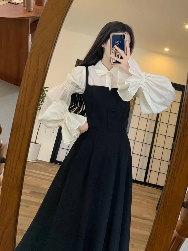 Casual Two-piece Set For Women White Blouse Tops And Cotton Black Sling Dresses Large Size Female Autumn Winter Loose Slim Suits