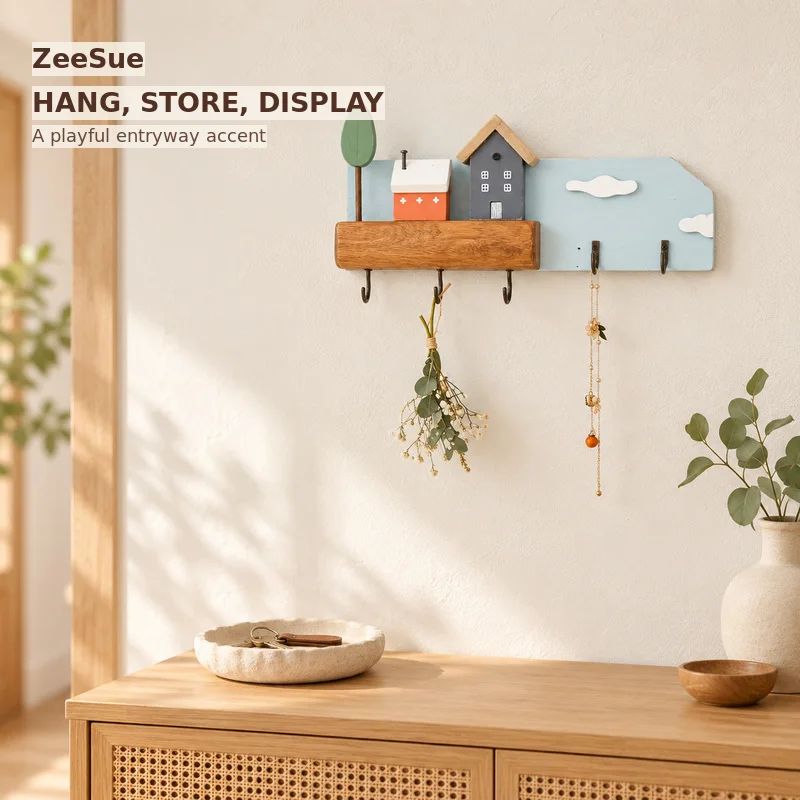 Decorative Wooden Wall Key Holder with Hooks, Entryway Key Rack and Jewelry Organizer for Hallway, Bedroom and Home Decor