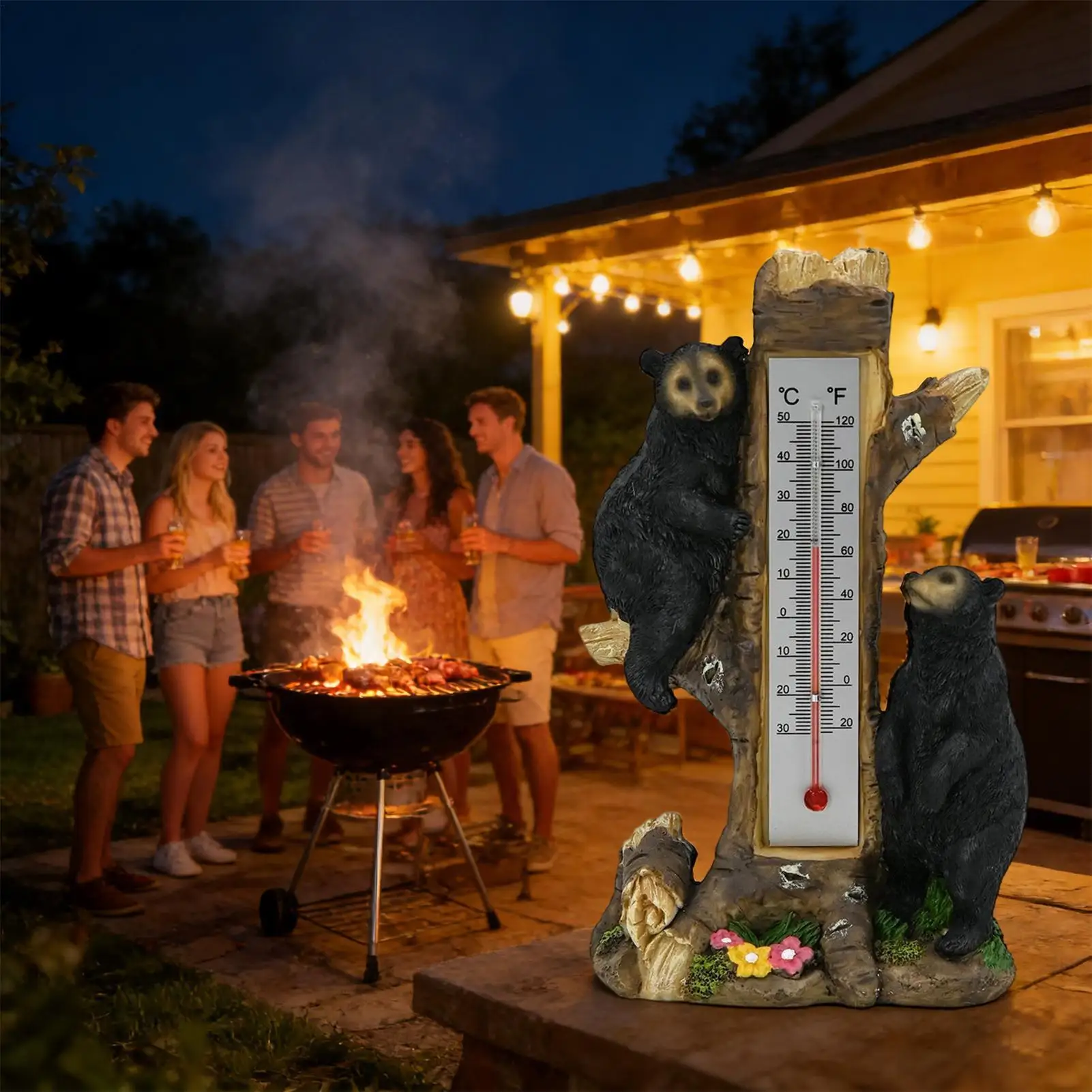 

Outdoor Temperature Gauge Double Scale Indicators Bears on Tree Temperature Monitor for Balcony Garage Lawn Porch Garden