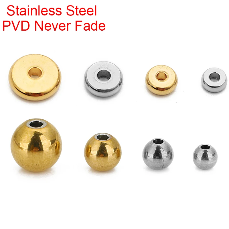 30 50pcs PVD Never Fade Stainless Steel Beads  4 5 6 8 mm Round Flat Spacer Beads For Craft Bracelet Findings Jewelry Making