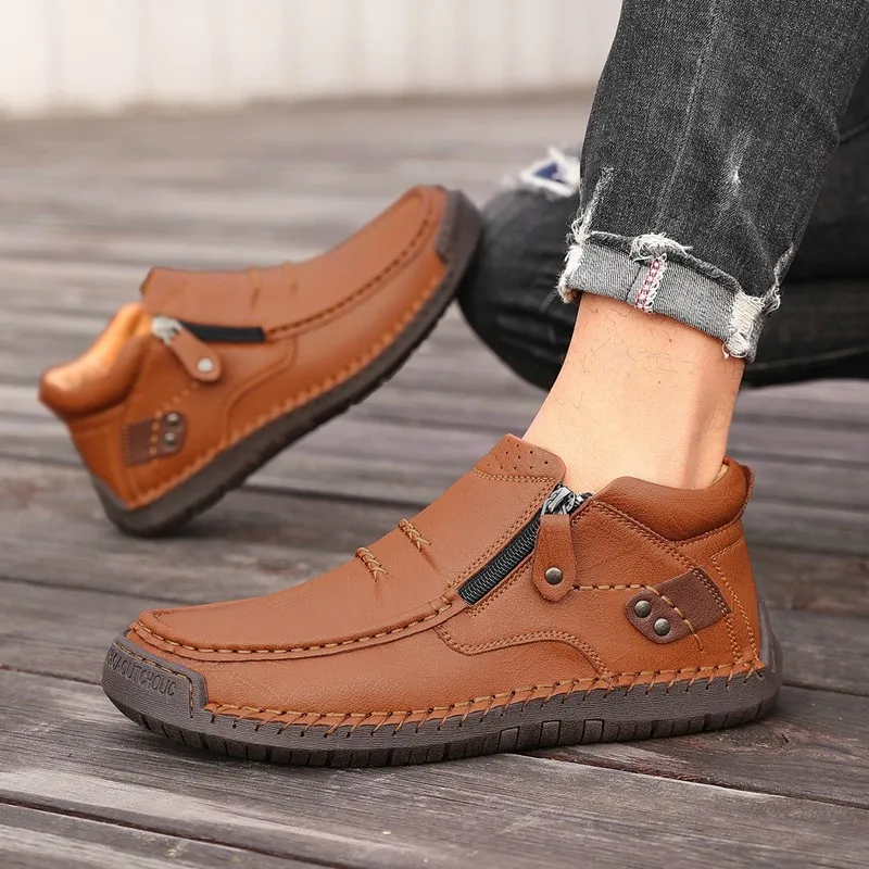DIMANYU Men Genuine Leather Ankle Boots Hand‑Stitched Moccasins Non‑Slip  Retro Casual Short Booties For Men