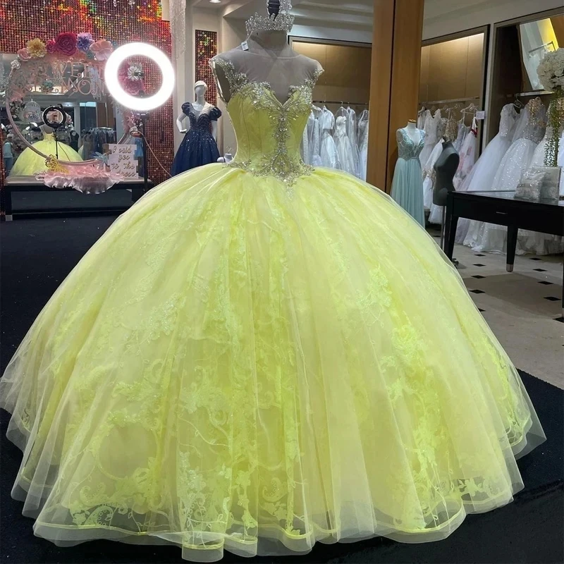 ANGELSBRIDEP-vestidos de quinceañera amarillos para mujer, corsé de fiesta con Cuentas, cristales, encaje, graduación, desfile, vestidos de graduación, talla grande