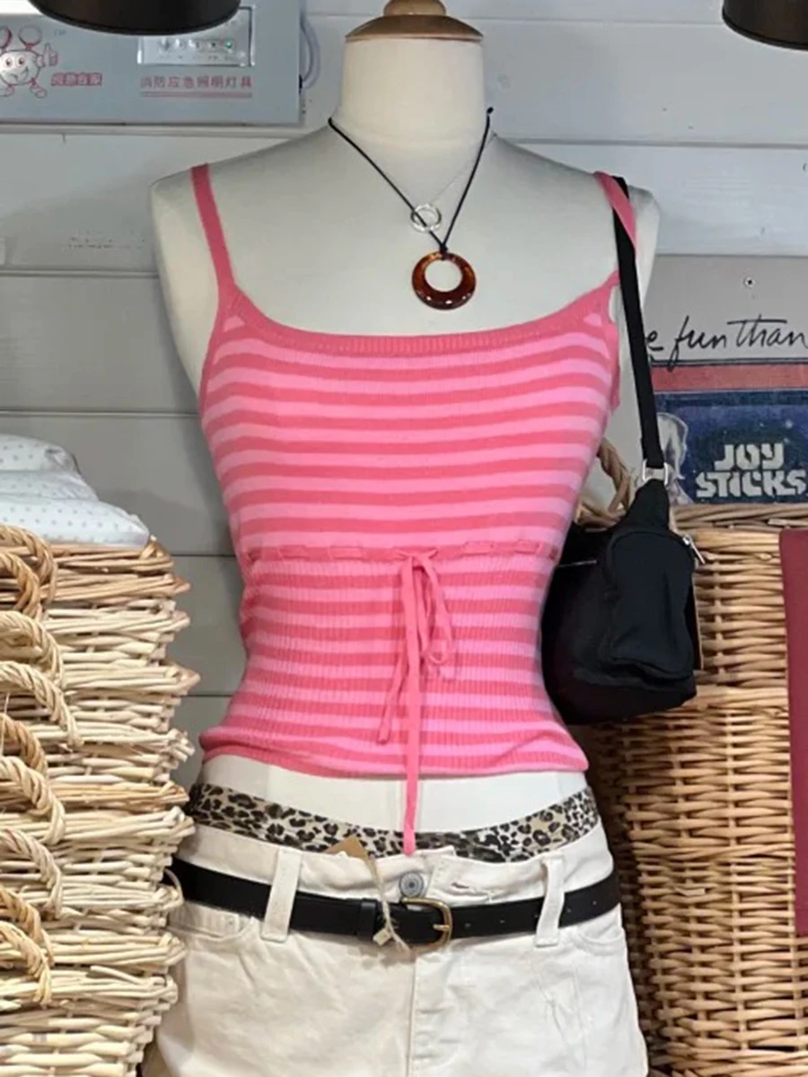 Pink Striped Lace-up Knitted Tank Tops Women Summer Simple All-match Cotton Sleeveless Vests Sweet Casual Preppy Style Camisole