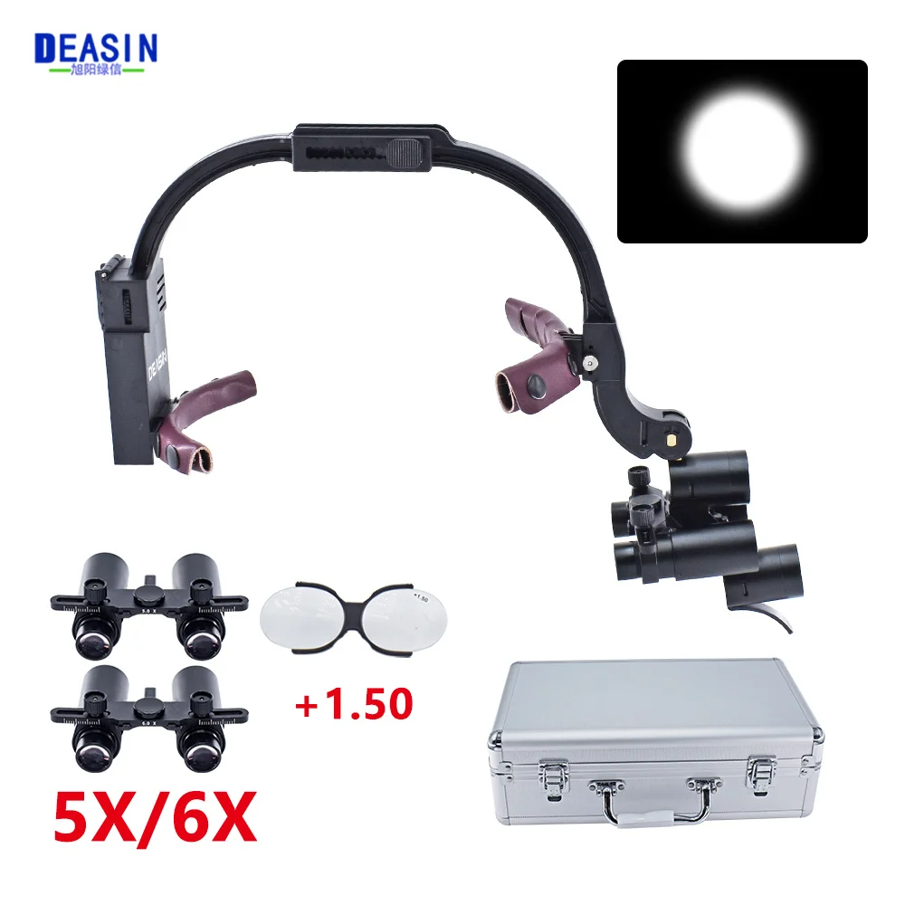 DEASIN 5X / 6X Dental LED Headlight Magnifier Binocular Kepler Loupes Headband Adjustable 5W Dentist Surgical Headlamp Tools