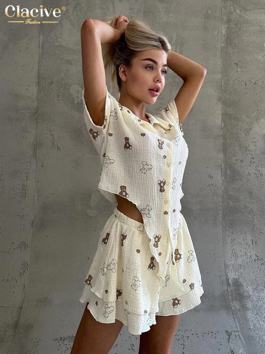 Clacive Casual Loose Print Home 2 Piece Sets Women Outfit 2025 Elegant Short Sleeve Shirt With High Waist Shorts Set Female