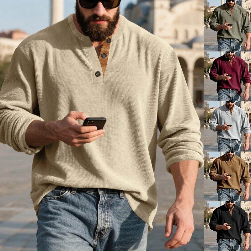 Spring And Summer Fashion Men's Solid Color Long Sleeve V Neck Button Decoration Comfortable Casual Simple Daily All Match Top