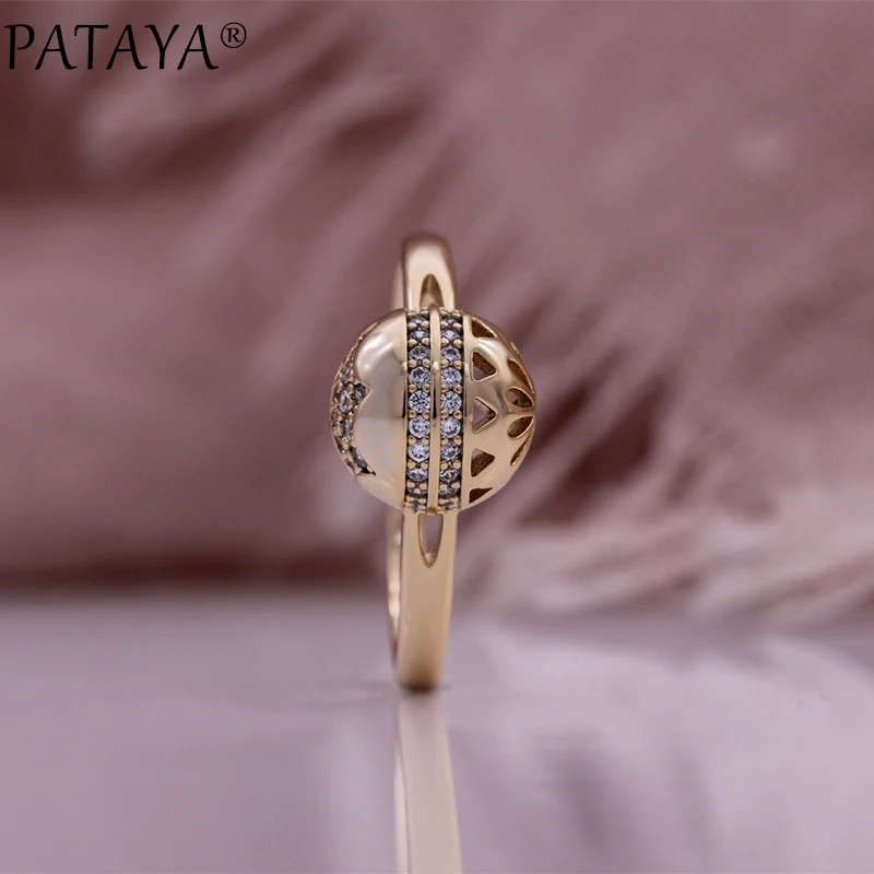 PATAYA Luxury Champagne Gold Color Ring For Women Unique Hollow Natural Zircon Ring Beautiful Ethnic Wedding Vintage Jewelry