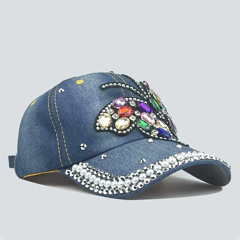 2024 Fashion Inlaid Drill Butterfly Cowboy Baseball Cap Shopping Holiday Street Hip-hop Rebound Cap Outdoor Sunscreen Sun Hat