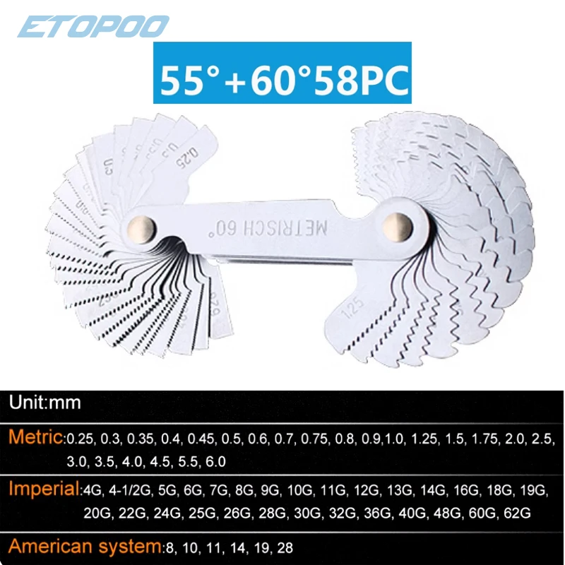 Metric Imperial 58pcs Blade US Screw Gauge SAE Whitworth 55 Degree and Metrisch 60 Degree Thread Pitch Gauge for Measuring Tool