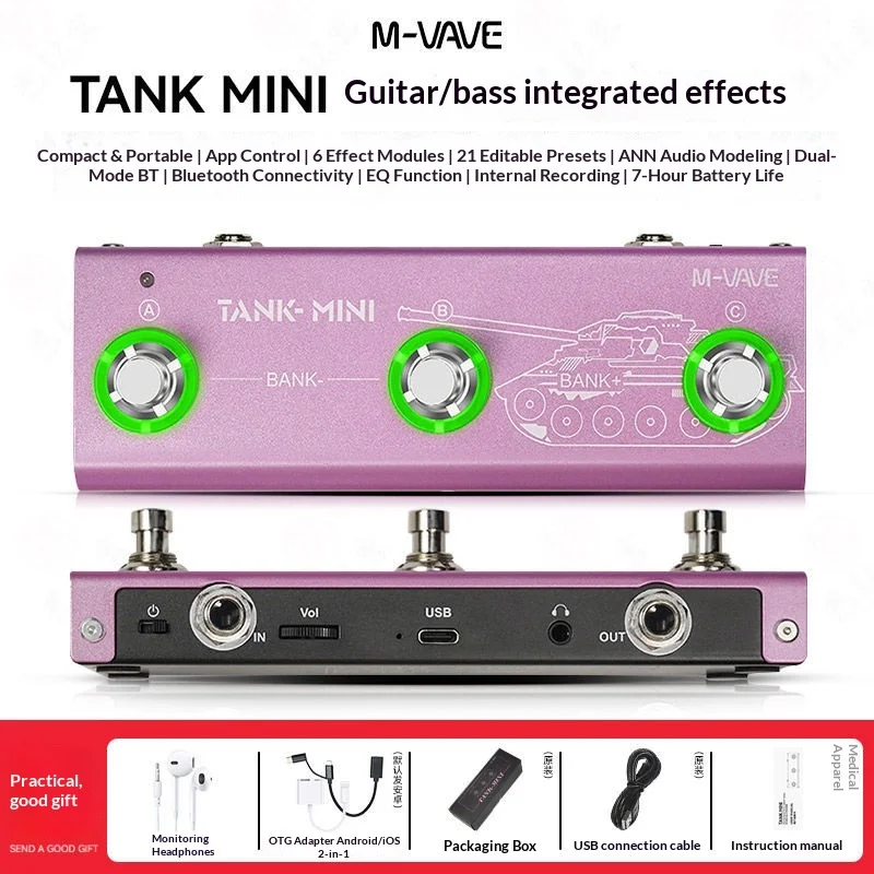 hot-m-vave-tank-mini-guitar-multi-effects-pedal-bass-amp-modeling-bluetooth-audio-interface-otg-recording-for-music-performance