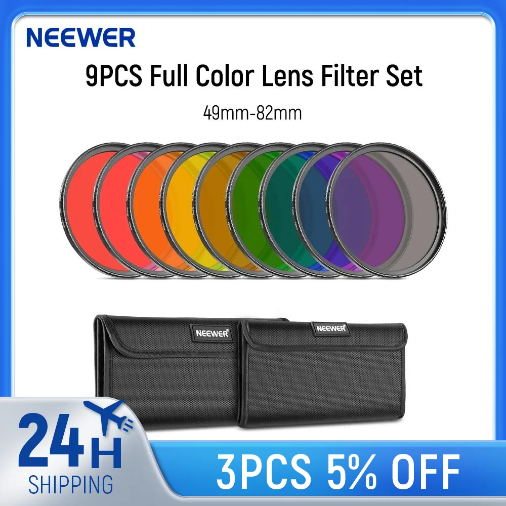 NEEWER 9-delige full-color lensfilterset harslensfilters met rood oranje blauw geel groen bruin, paars roze grijze cameralens