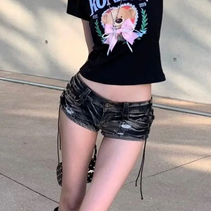 Summer New Y2k Shorts Retro Nightclub Sexy Low Waist Strap Hip Denim Shorts