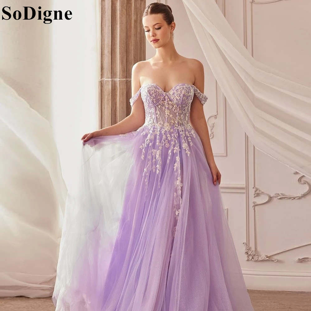 

SoDigne Elegant Lavender Evening Dresses A-Line Off Shoulder Lace Appliques Pleated Party Dress Princess Prom Gowns Customized