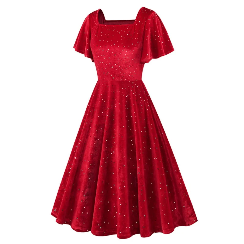 Velvet Retro Flutter-Sleeve Formal Dress - Christmas Elegant Short-Sleeve Dress For Christmas Parties
