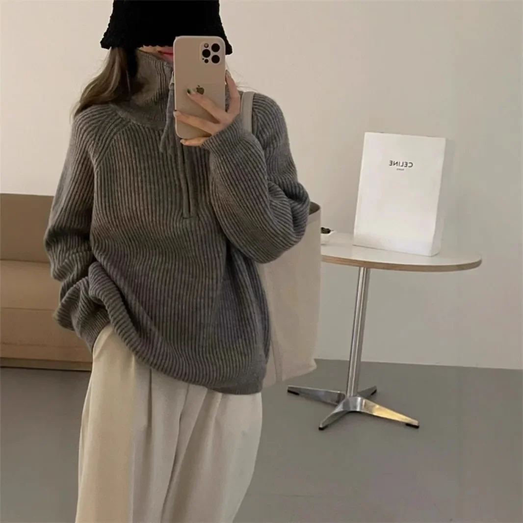 

Knitted Top Stand Collar Loose Fit Autumn Winter New Arrival Striped D Korean Style Women's Sweater Half Zip Soft Cozy Outerwear