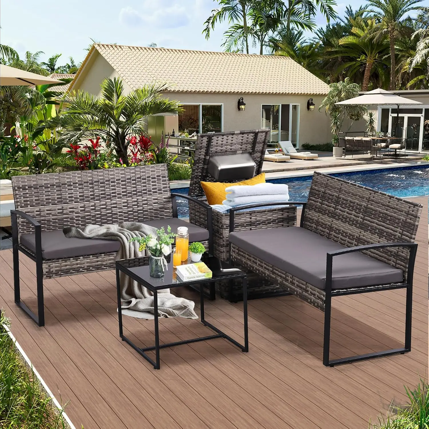 4 Piece Patio Furniture Set w/Built-in Cooler Storage Box, Grey/Grey | All-Weather Hand-Woven Rattan | Tempered Glass Table | Be