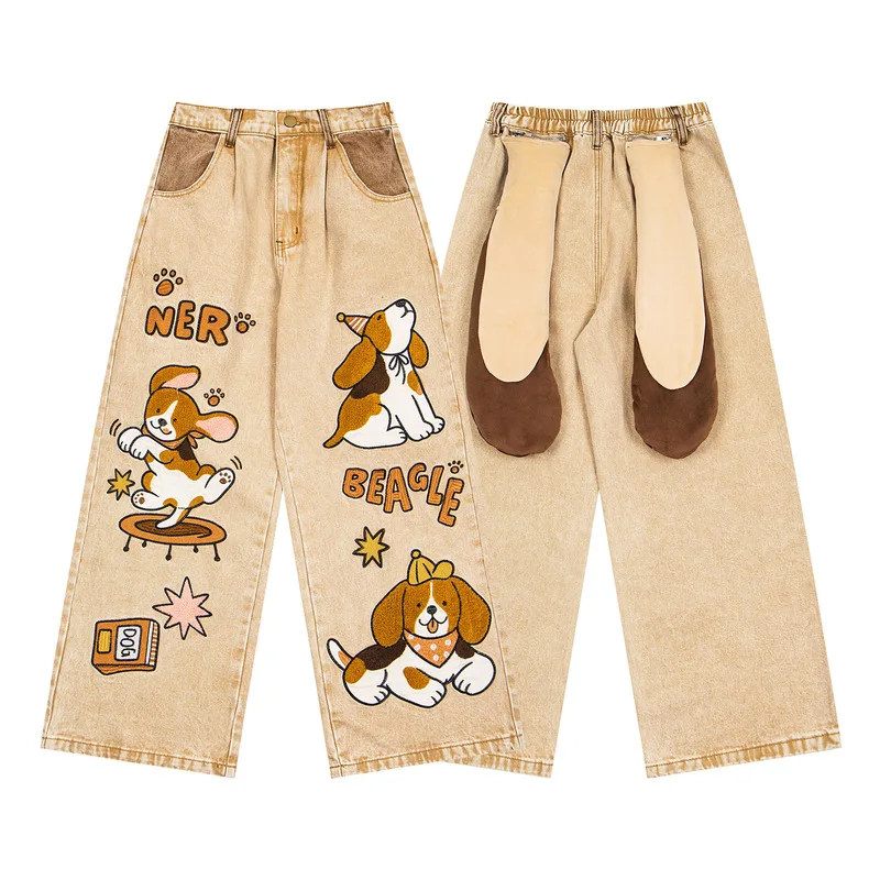 FACTCHECK EU US Size Cartoon Embroidered Wide-Leg Jeans With Ear Design Distressed Travel Holiday Casual Pants For Men Women