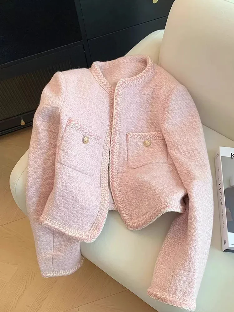 Autumn Winter New Women Sweet Pink Tweed Jackets Elegant Fashion Long Sleeve Patchwork Coat Casual Female Open Stitch Outwear