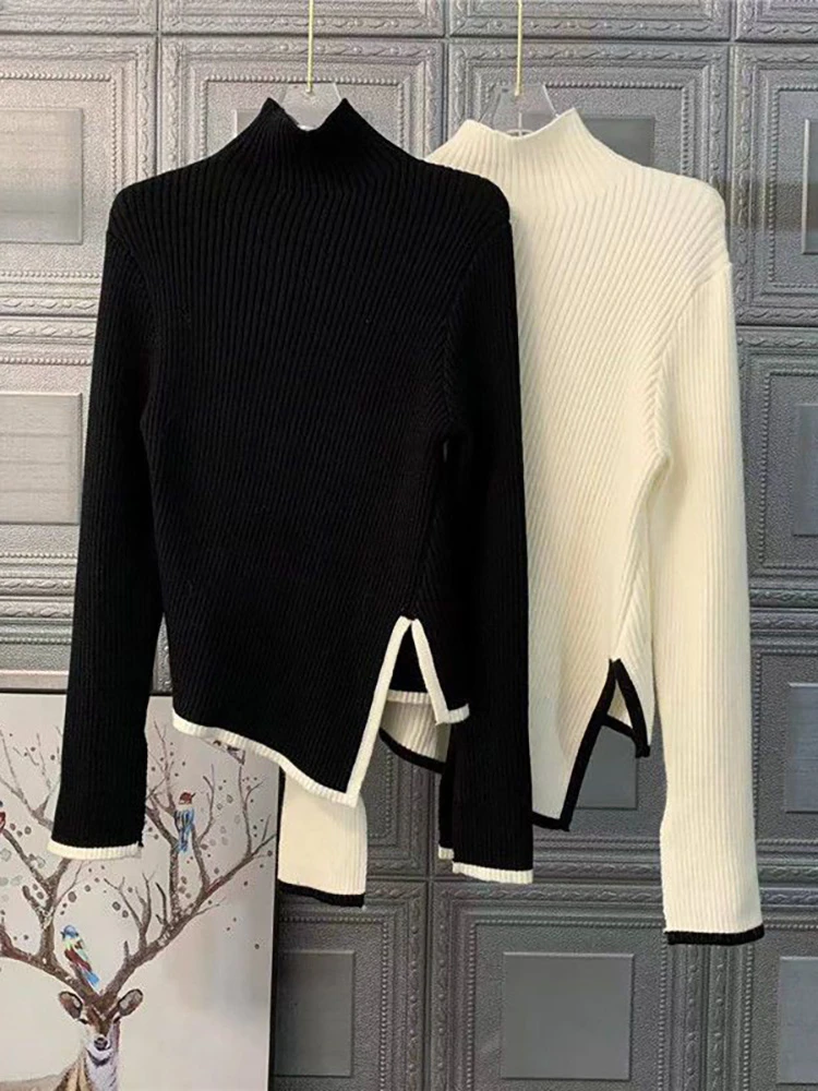 

Korean Irregular Slim Long Sleeve Top Pullover Womens Autumn Black Turtleneck Solid Color Knit Top Vintage Clothes 90s F352