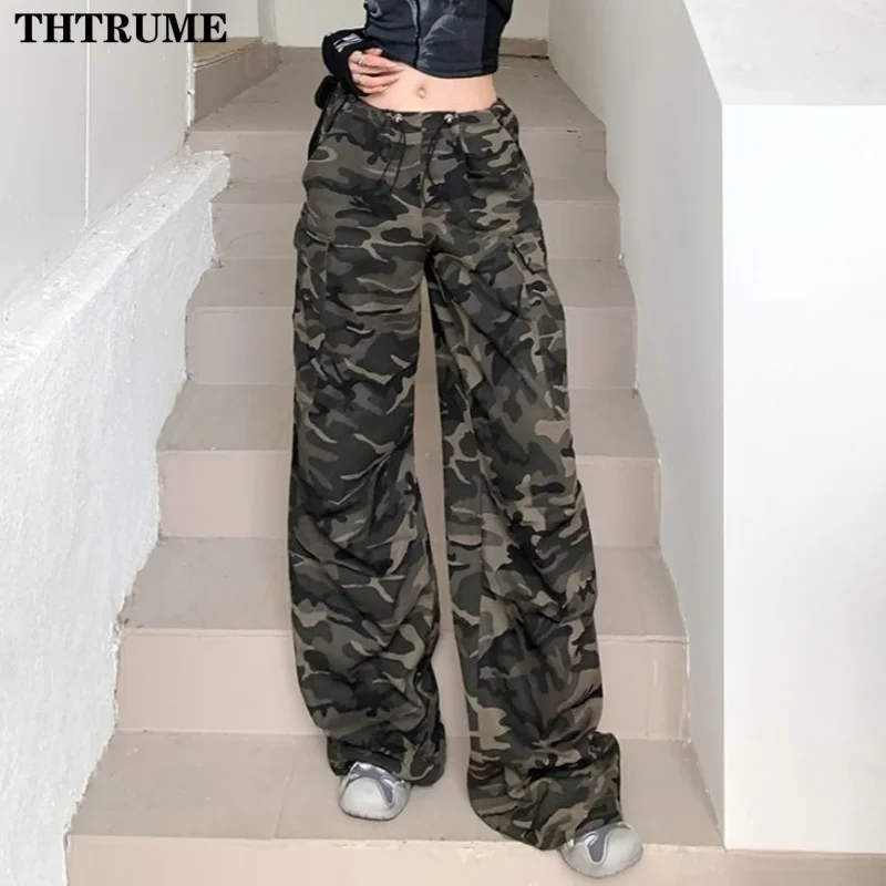 Spring High Waist Drawstring Cargo Pants Fashion Women Pocket Oversized Baggy Pant Casual Streetwear Camouflage Retro Trousers