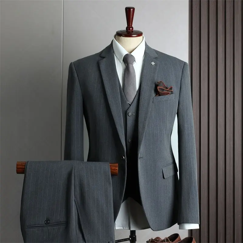 

Z622Winter striped western clothing set men's senior sensing business casual suit three -piece set of brideds to get married