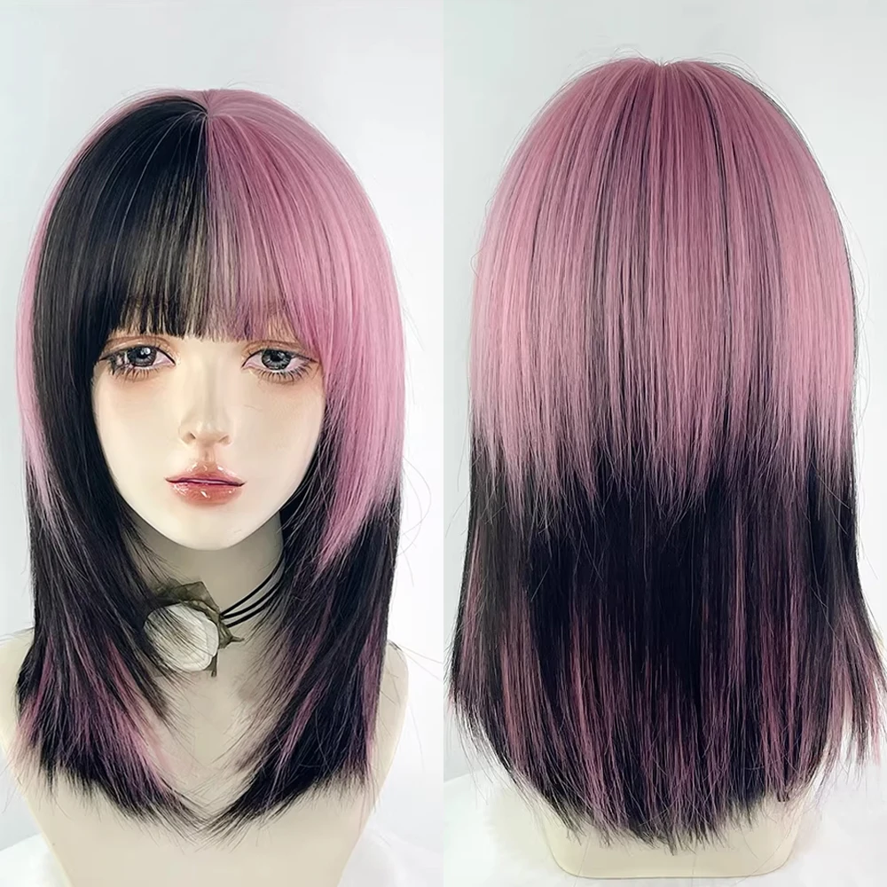 

Short Straight Black Ombre Pink Highlights Synthetic Wigs with Bangs Lolita Cosplay Women Fluffy Wig for Daily Party