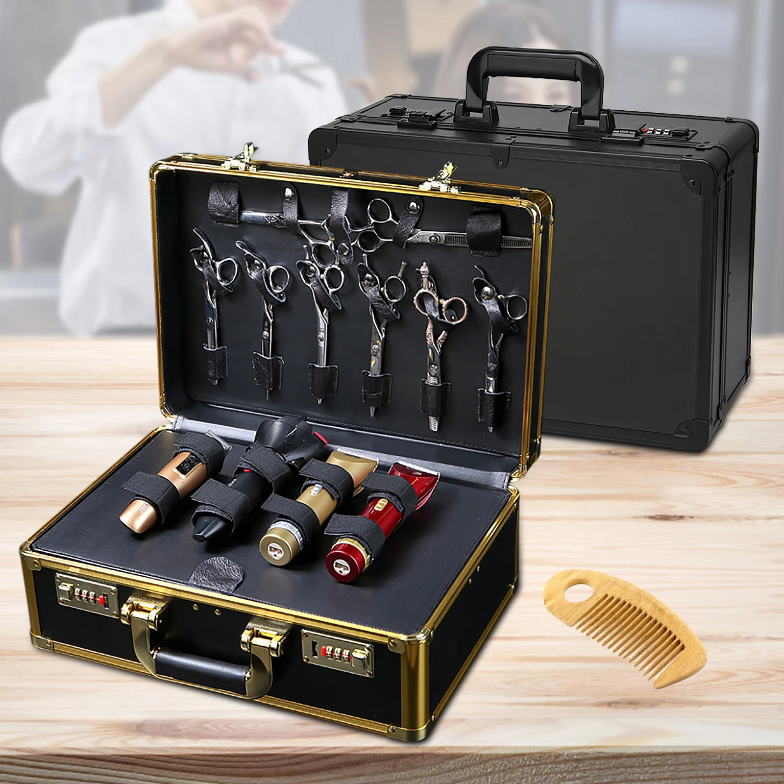 

Golden Large Barber Beauty Salon Tool Kits Toolbox Storage Travel Carry Case Hairdresser