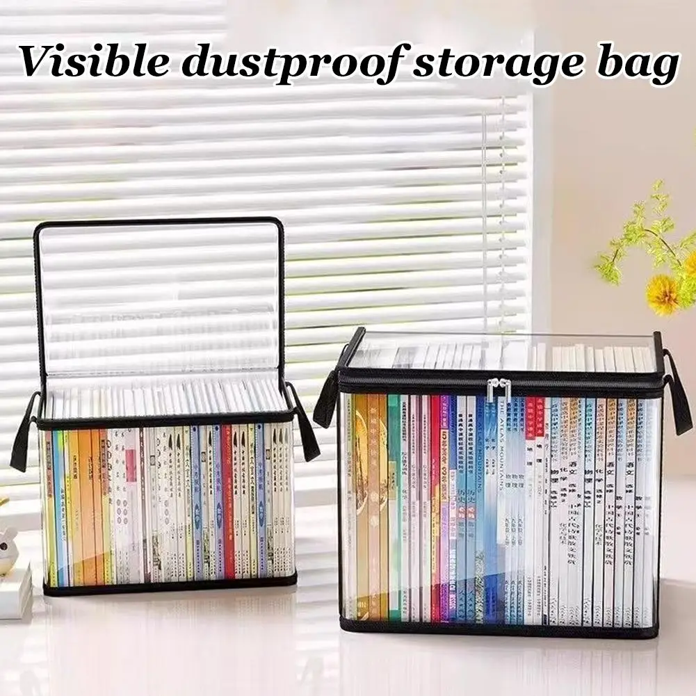 Large Capacity Clear Book Storage Box Foldable Zippered Book Organizer Case Dustproof Container for School Desk
