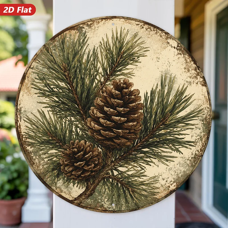 2D Flat, 1pc Winter Pinecone Trio Round Metal Sign Wall Art, Rustic Pinecones, Home Decor, Evergreen Needles, Weathered Beige Ba