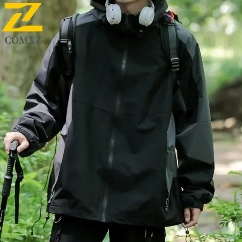 comxzウィンドブレーカー-カラーブロック-フード付き-メンズ-レディース-山岳スタイル-防水-防風-マルチポケット-コート-キャンプ-釣り-ハイキング用-2025