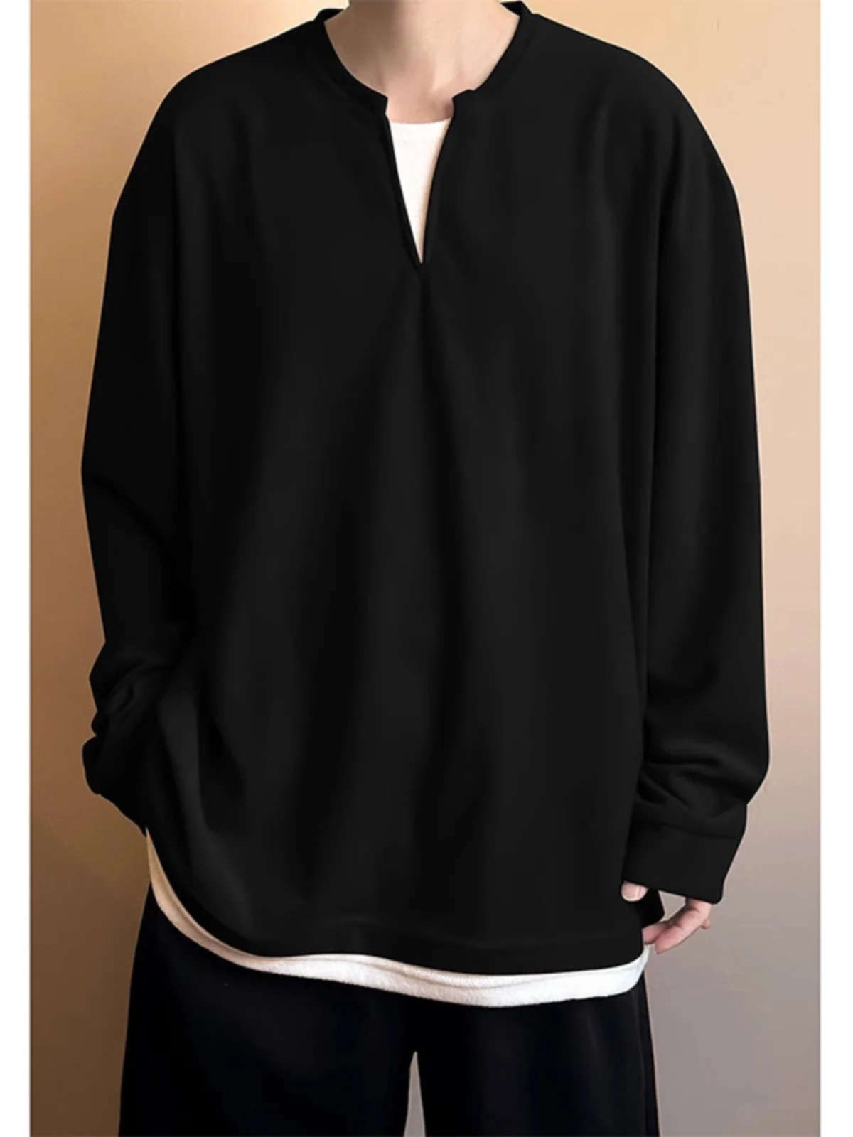 

Мужской повседневный комплект: худи с длинным рукавом и V-образным вырезом, чисто черная футболка, модная брендовая базовая футболка свободного кроя