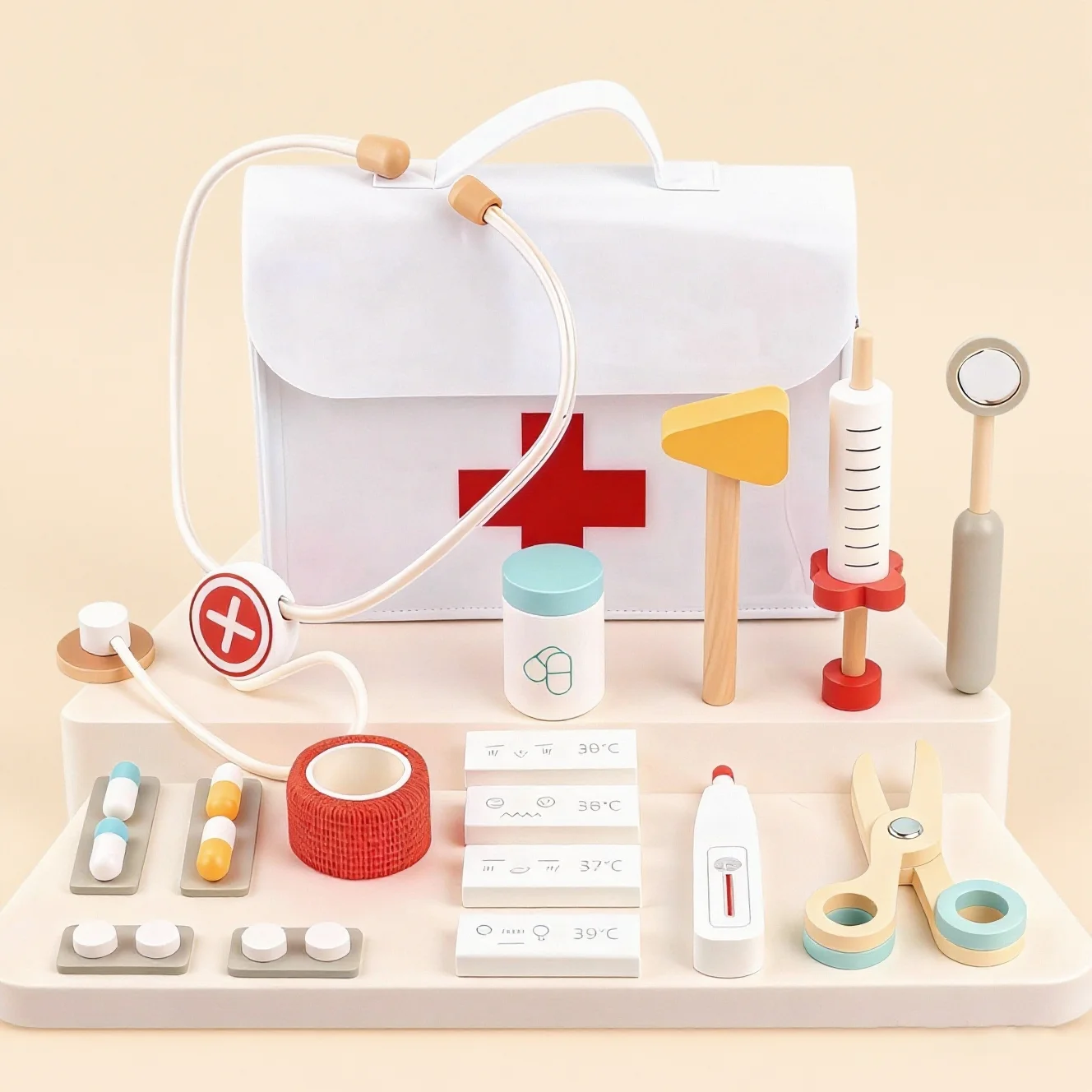 Wooden Doctor Kit Pretend Play Toys Simulation Role Playing Games Medical Playset Early Educational Toys For Boys Girls Ages 3+