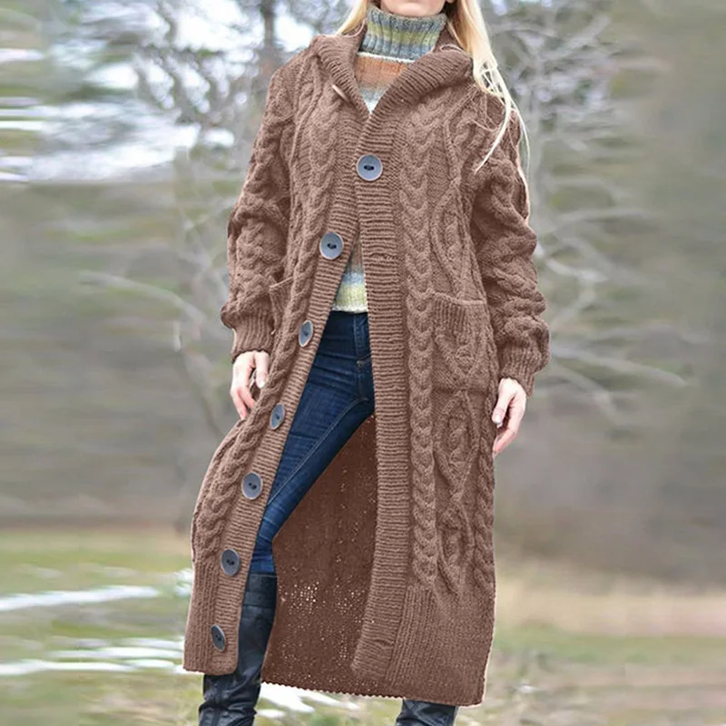 Twist Knot Pocket Loose Button Sweater Cardigan Coats Autumn Winter Female Knitted Trench Hoodie Coats
