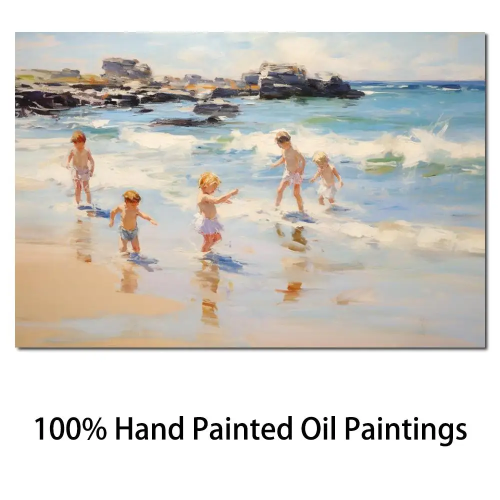 

Beach Scene Canvas Art Children Playing by the Sea Handmade Oil Painting Impressionist Modern Seascape Artwork for Bedroom Decor