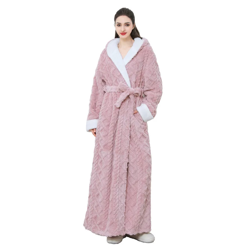 Large Size Flannel Sleepwear Thick and Warm Couple\'s Bathrobe Hooded Flannel Sleepwear Women\'s Sleepwear Bathrobe