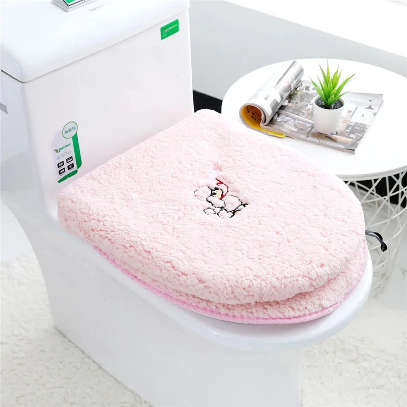 Autumn Winter Plush Warm Toilet Cover Two-piece Set Home Bathroom Toilet Seat Cushion Waterproof Zipper Toilet Ring With Handle