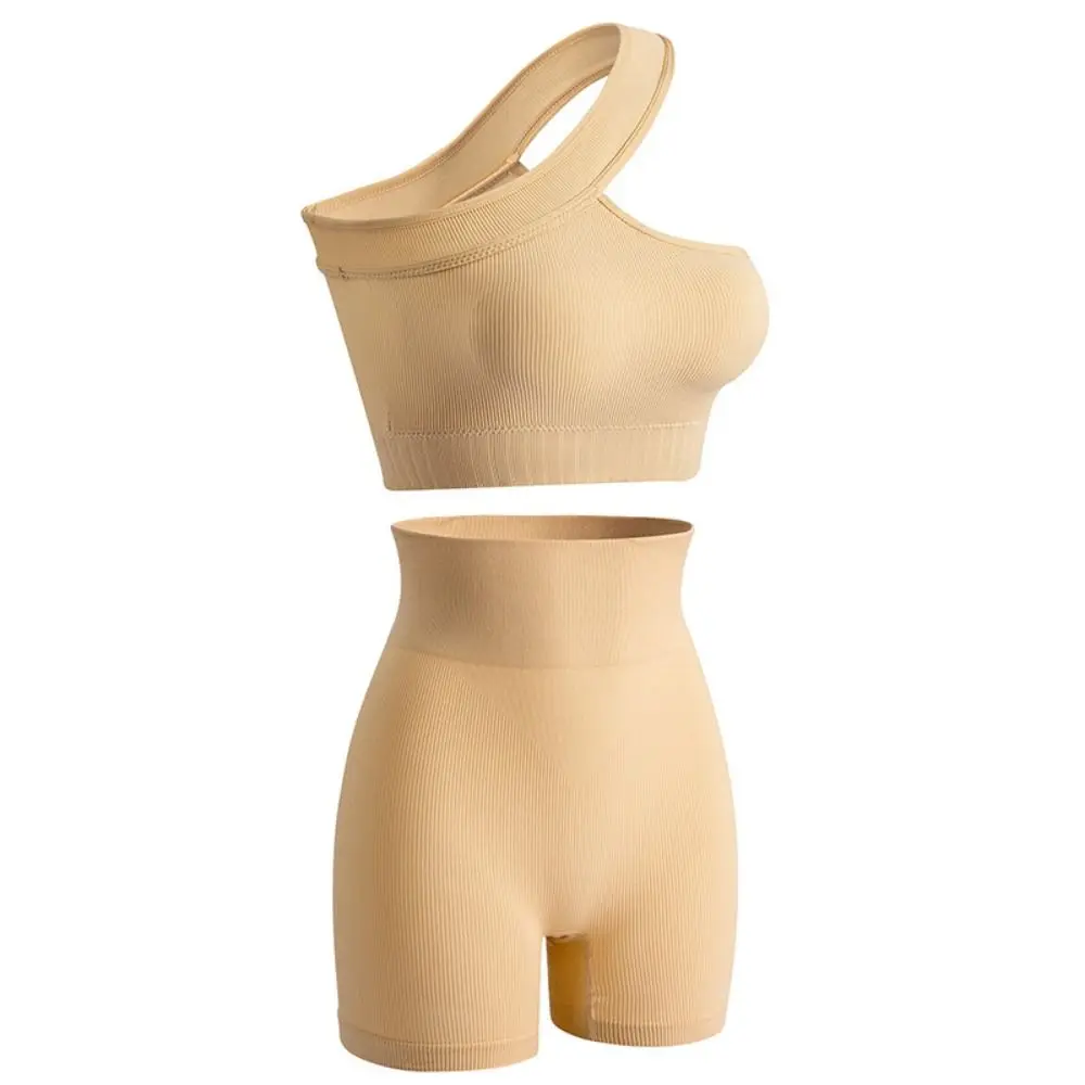 

2Pcs Casual Seamless Women Workout Sets High Waist Ribbed Yoga Outfits Tank Tops One Shoulder Lady Tracksuit Running