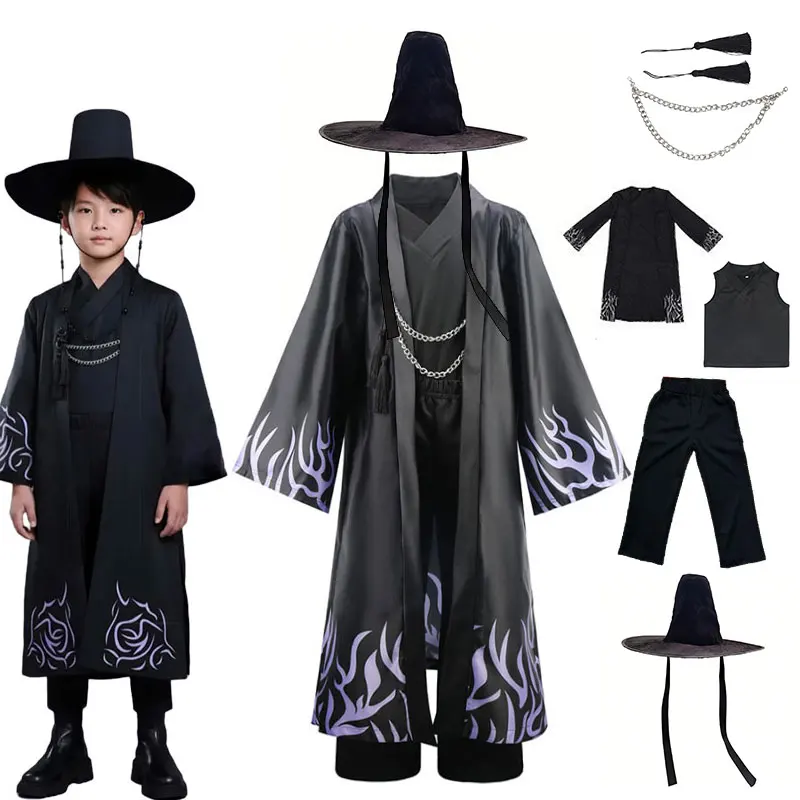 Kids Korean Idol Demon Boy Band Cosplay 5Pcs Costume Set Purple Flame Printed Long Robe+Vest+Pants+Chain+Tassel Halloween Outfit