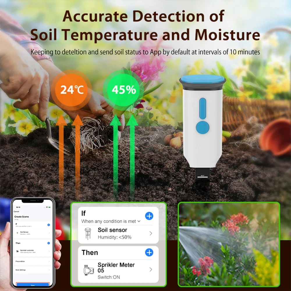 Haozee Tuya Smart WiFi Soil Moisture Sensor Detector IP66 Waterproof Real-time Temperature Humidity Monitor Garden Automation