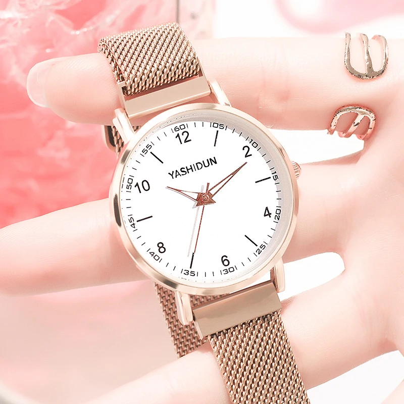 YASHIDUN ساعات نسائية شبكة من الاستانلس استيل حزام ساعة كوارتز مضيئة ساعة مزدوجة للإناث ساعة اليد Montre فام Relogio