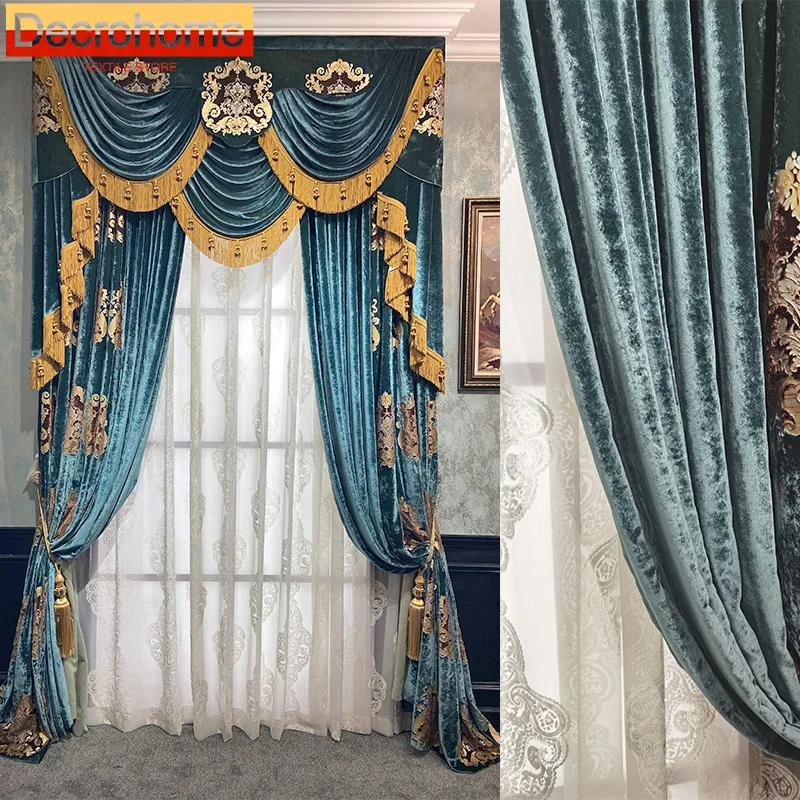 

Customized Blue Gilded Embroidered Velvet Fabric for Palaces Curtains for Living Rooms Bedrooms Villas High Window Screens