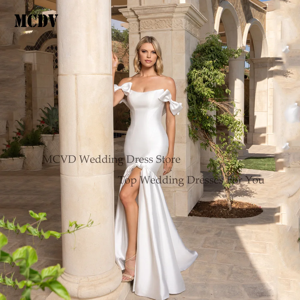 

MCDV Mermaid Wedding Dresses 2025 Strapless Off Shoulder Open Back Buttons Bridal Gown With Bow Vestidos De Novia Customized