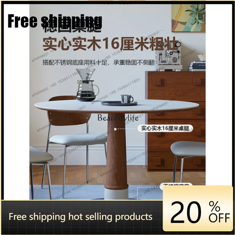 HJ Small apartment with medieval rock slab dining table, solid wood round table, retro home