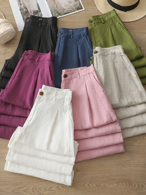 

Artistic Casual Wide Leg Cotton Linen Pants High Waist Loose Fit Summer Long Trousers for plus Size Women Straight Cut