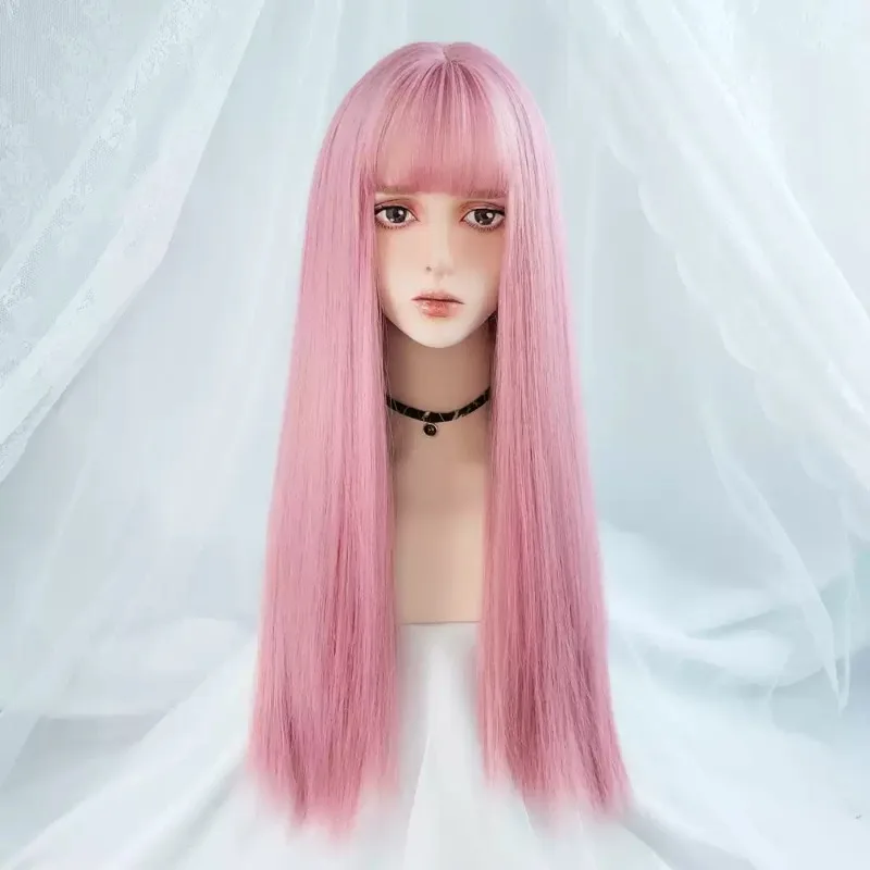 Pink Sakura Long Straight Wig with Bangs, Synthetic Full Head Wig, Heat Resistant Hair for Lolita JK Cosplay Party Daily Wear