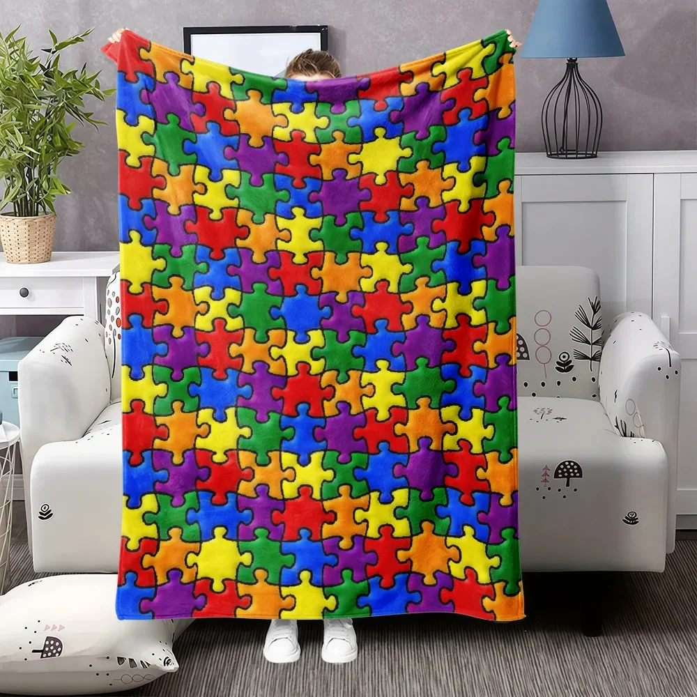 pc PuzzleThemed Flannel Blanket  Soft AllSeason Bedspread with Interlocking Puzzle Pieces Design MultiColor Options