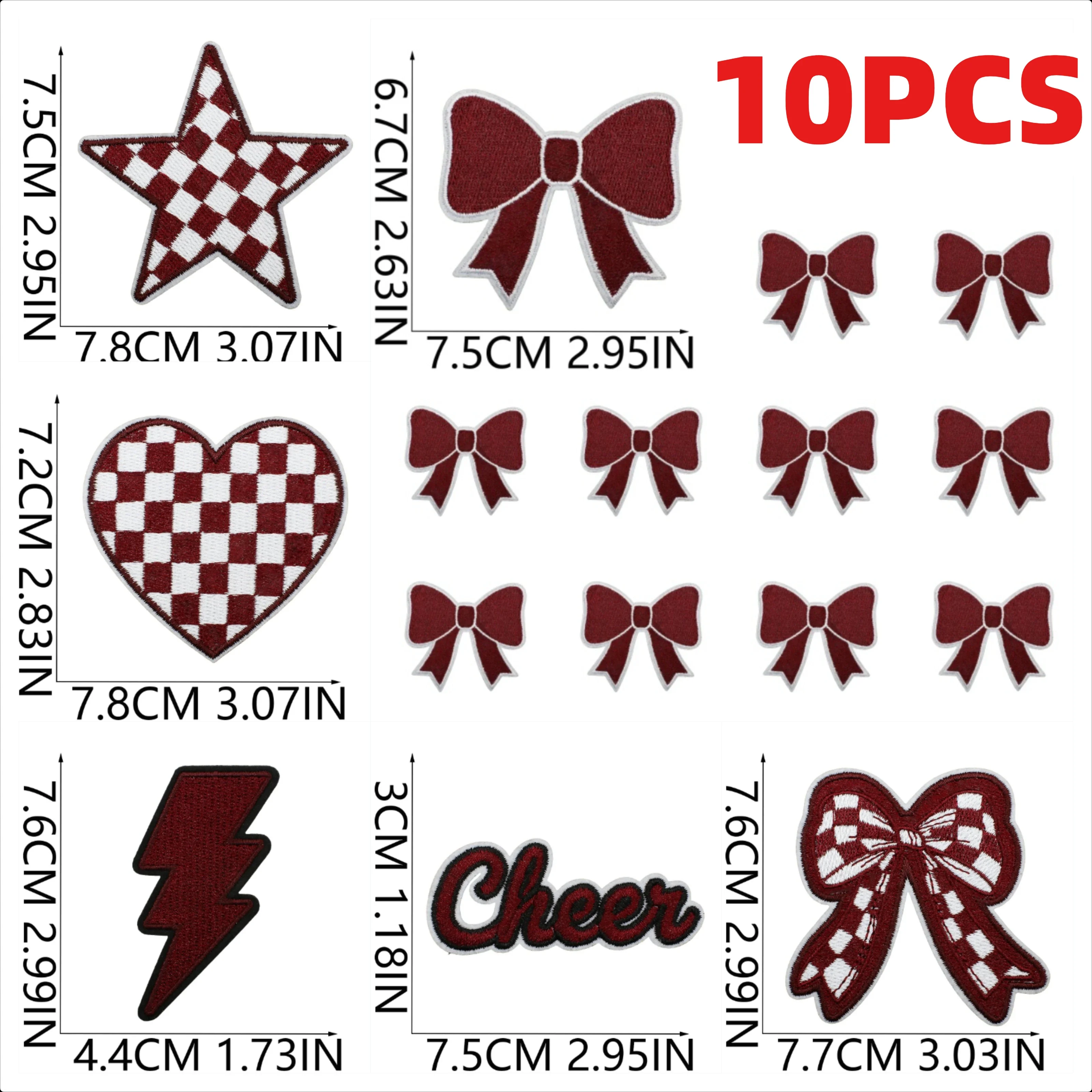 10PCS Wholesale Brown Game Day Bow Embroidery Patches Cheerleader Lightning Love Star Design Iron On For DIY Clothing Logos