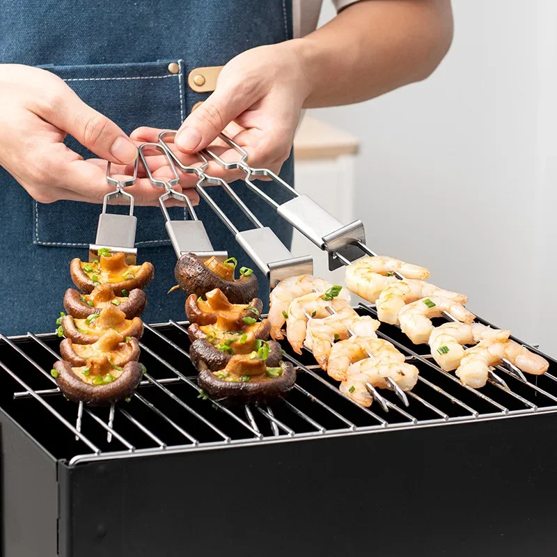 

2/5/10Pcs Double Needle Stainless Steel Barbecue Skewer Reusable BBQ Skewers Double-Ended BBQ Fork Semi-automatic Barbecue Fork