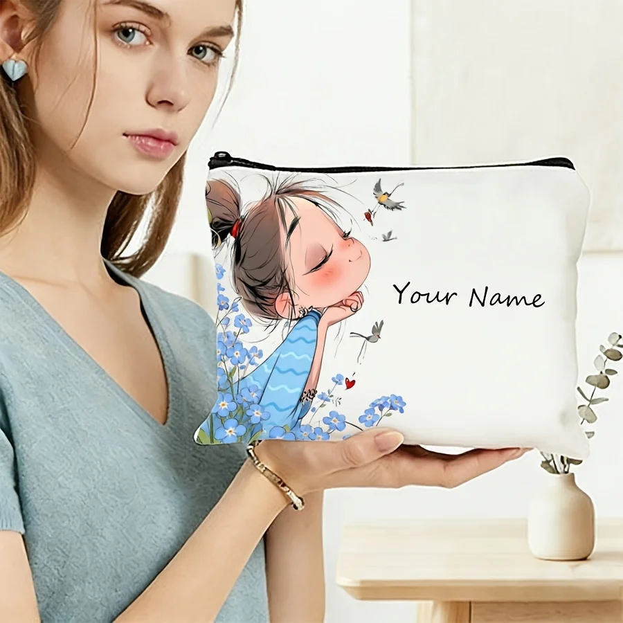 Personalized Name Cosmetic Bag Custom Bun Girl Blue Forget‑Me‑Not Bird Print Zipper Pouch Women Travel Makeup Storage Purse Gift